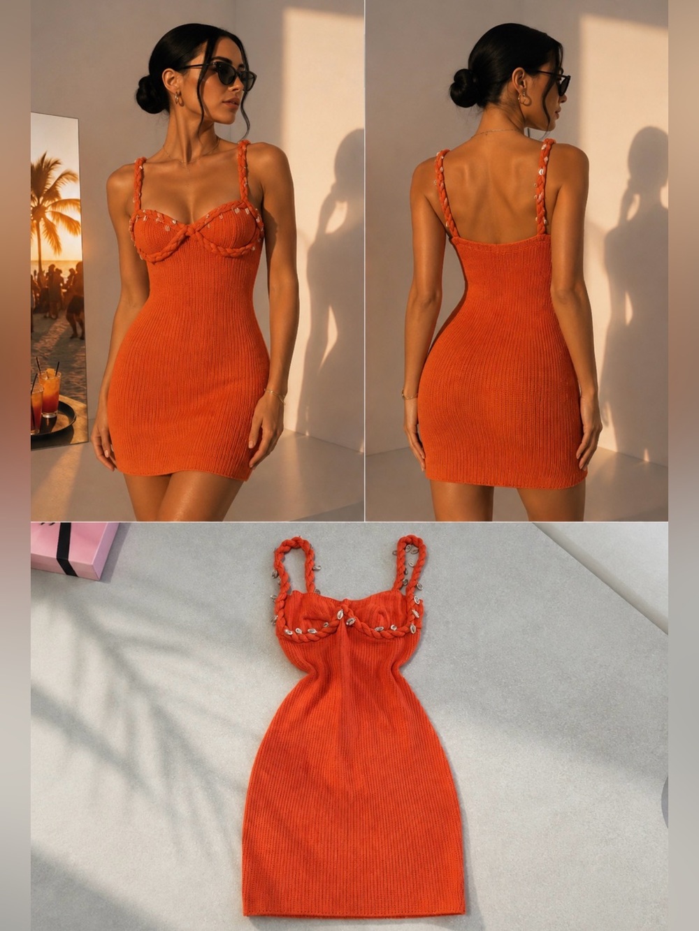Sleeveless Orange Knit Bodycon Dress with Bra-Cup Detail